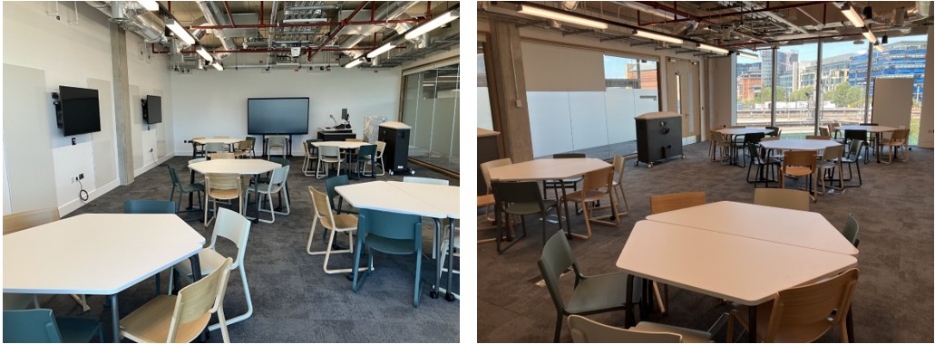 Classroom with table and chairs set up for active learning.